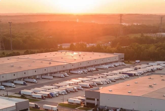 Aerial view of a cross-dock warehouse with trailers at the doors at sunset
